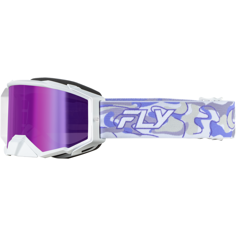 White Motorcycle Off-Road goggles with a purple mirrored lens and a white, blue, and gray patterned strap featuring the 'FLY' logo.