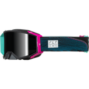 A pair of Fly Off-Road goggles with a black and pink frame, a dark reflective lens, and a patterned strap in teal and black with a pink accent.