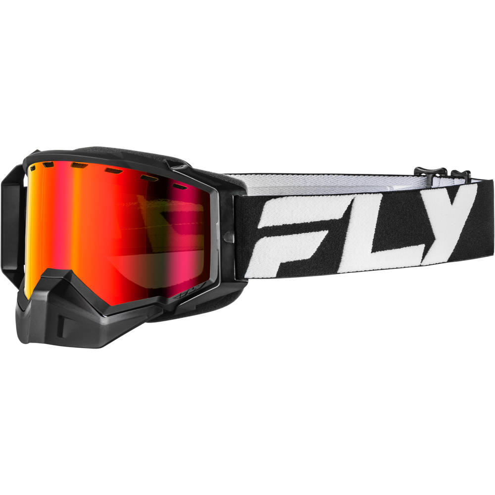 Black Fly snowmobile goggles with a reflective red and orange mirrored lens and a black and white patterned strap featuring a large white 'FLY' logo.