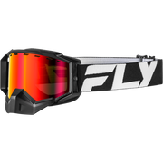 Black Fly snowmobile goggles with a reflective red and orange mirrored lens and a black and white patterned strap featuring a large white 'FLY' logo.