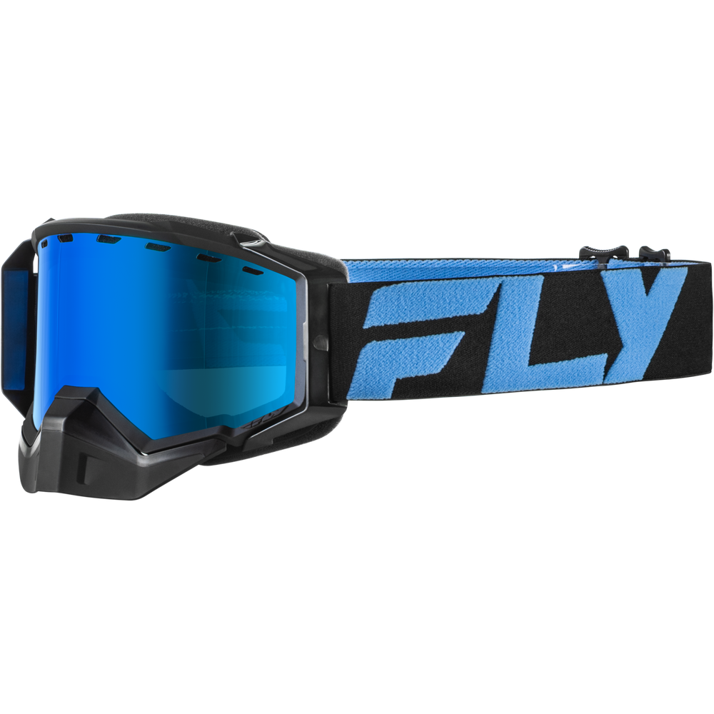 Fly Racing snowmobile goggles with a blue mirrored lens, black frame, and a black and blue adjustable strap featuring the brand name 'FLY'.