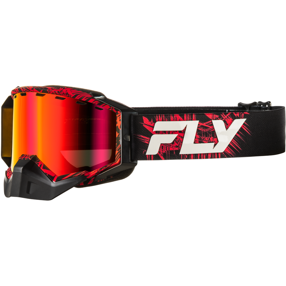 FLY snowmobile goggles with a red and black patterned frame, a red-to-yellow mirrored lens, and a black strap featuring a white FLY logo.