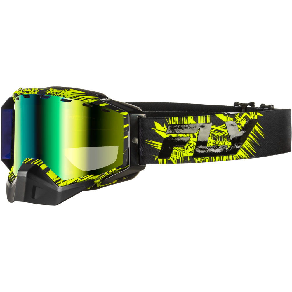 Black and neon yellow FLY snowmobile goggles with a reflective green-to-yellow mirrored lens, shown against a plain white background.