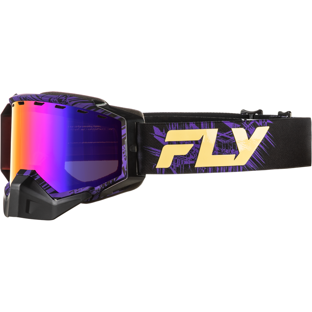 Black and purple snowmobile goggles with a vibrant orange-to-purple mirrored lens and a black strap featuring a large gold 'FLY' logo.