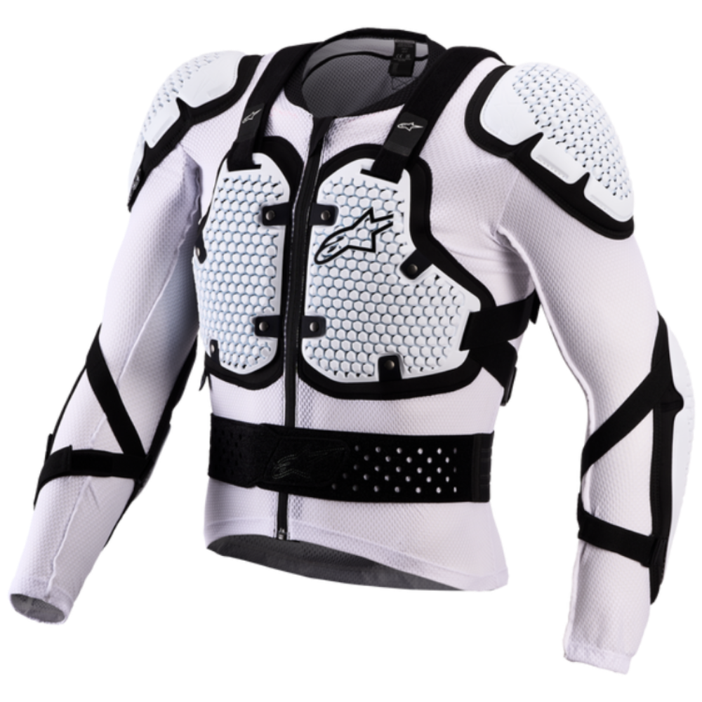 A white Alpinestars protective racing jacket with black straps, shoulder armor, and a front zipper, shown on a plain white background.