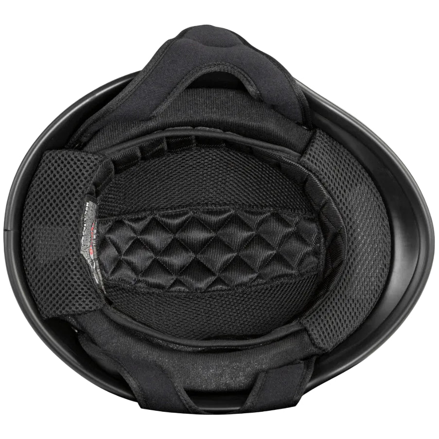 Black helmet interior with quilted padding on a white background