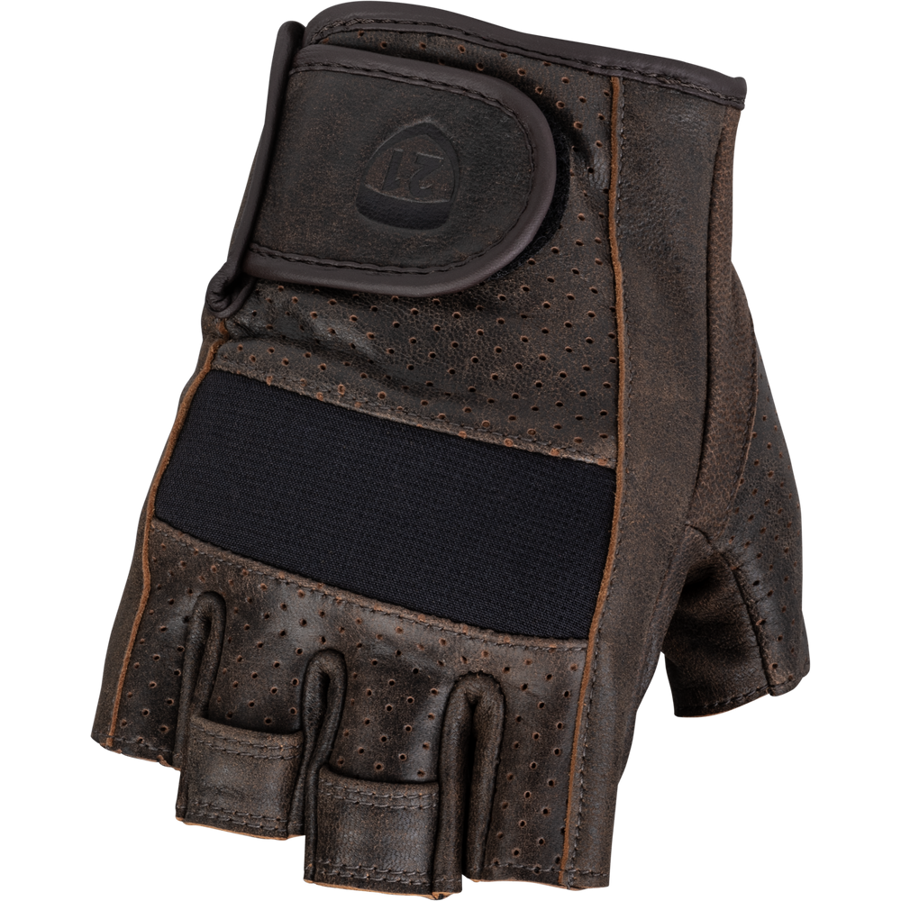 Brown leather glove with a black patch on a white background