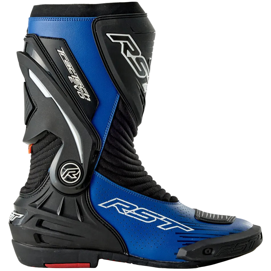 Blue and black RST motorcycle boots on a white background