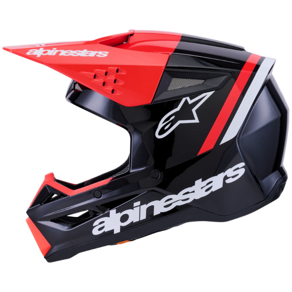Black and red motorcycle helmet with 'alpinestars' branding on a white background