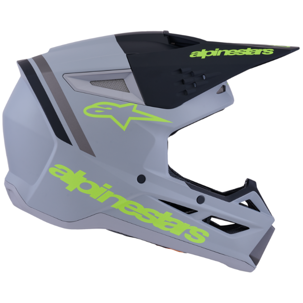 Gray and black helmet with green accents featuring Alpinestars branding on a white background