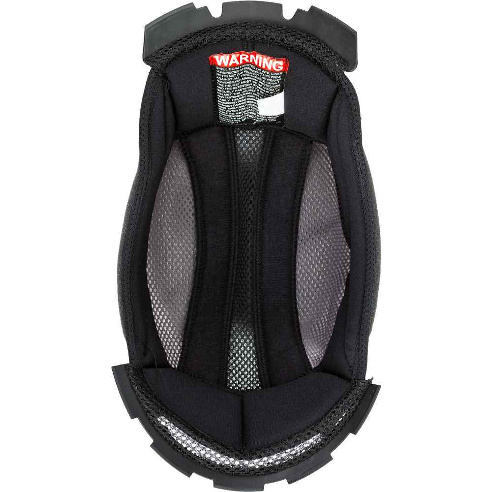 Black Helmet liner pad with a warning label on a white background
