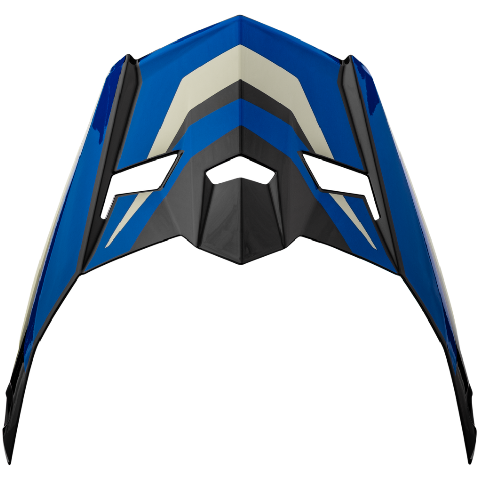 Blue and black motorcycle off-road helmet peak visor with white accents on a white background
