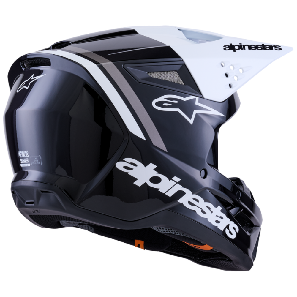 Black and white motorcycle helmet with 'alpinestars' branding on a white background