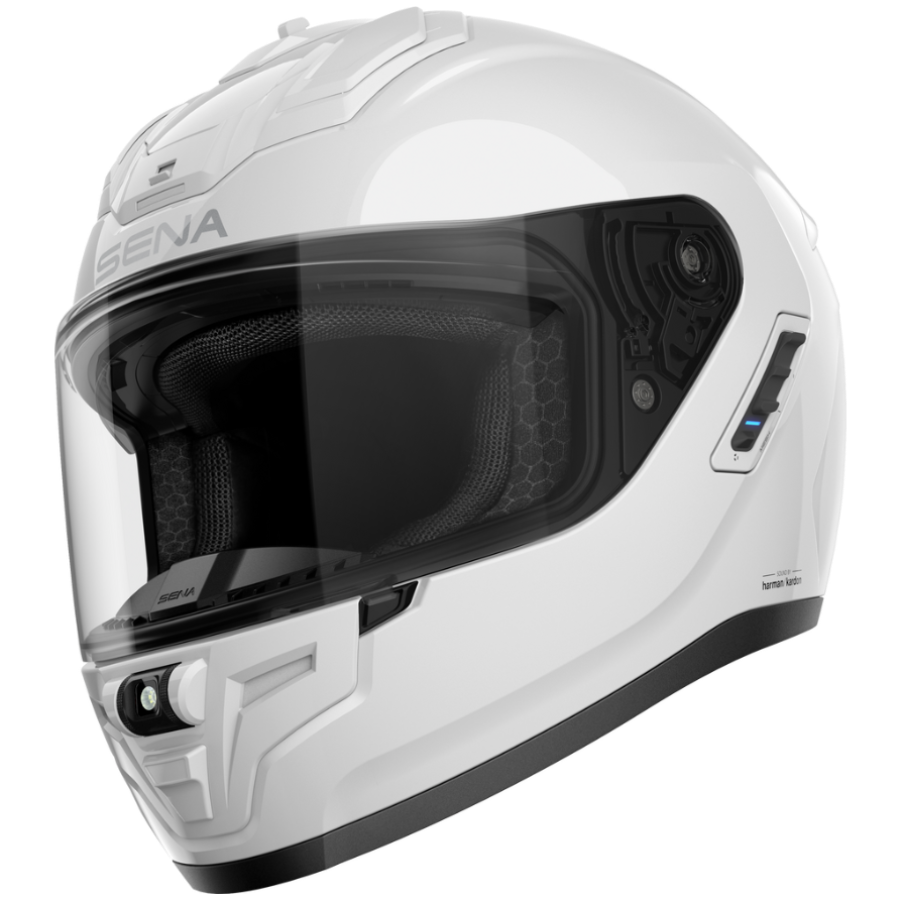 White Sena motorcycle helmet with clear visor on a white background