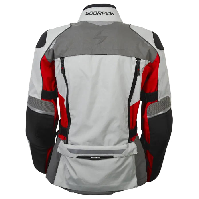 Motorcycle jacket with red and black accents on a white background