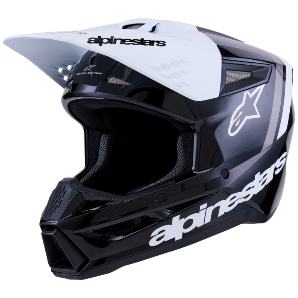 Black and white motocross helmet with 'alpinestars' branding on a white background