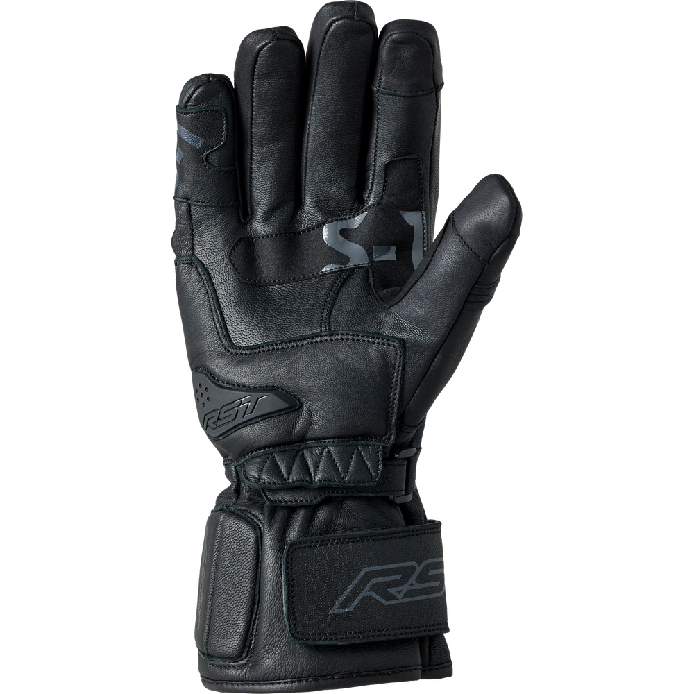 Black motorcycle glove with brand logo on a white background