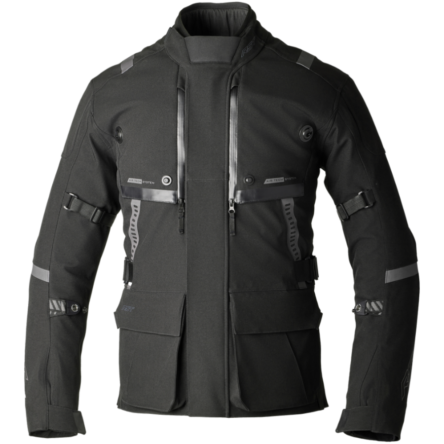 Black motorcycle jacket with reflective elements on a white background