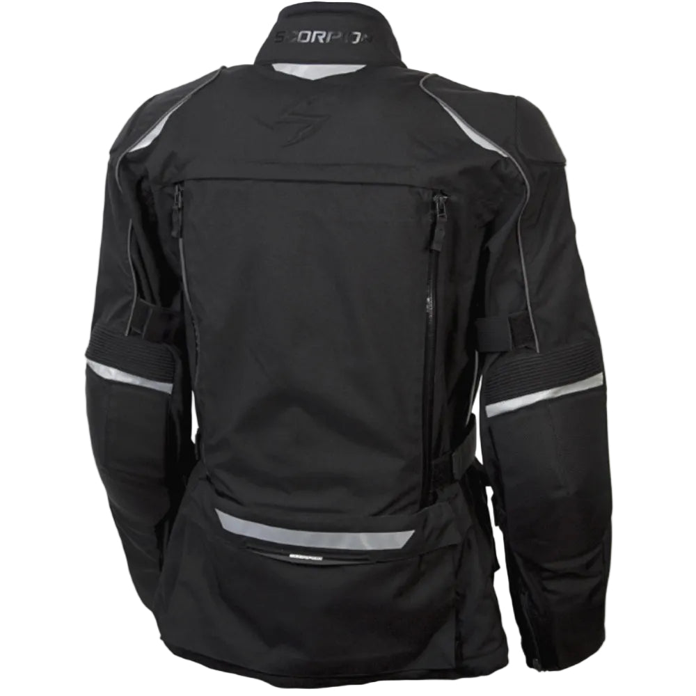 Black motorcycle jacket with reflective stripes on a white background