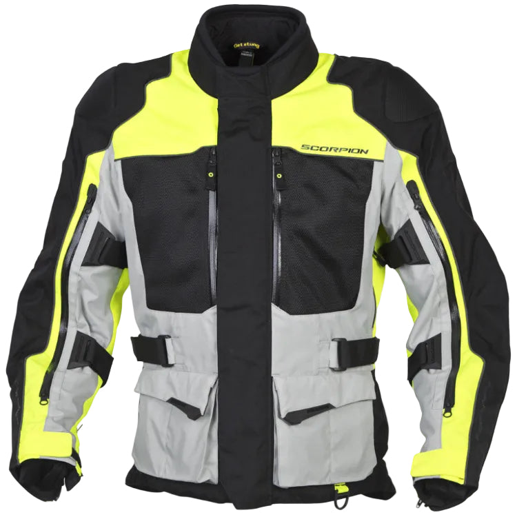 Motorcycle jacket with black, gray, and yellow color scheme on a white background