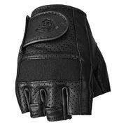 Black leather glove with a brand logo on a white background
