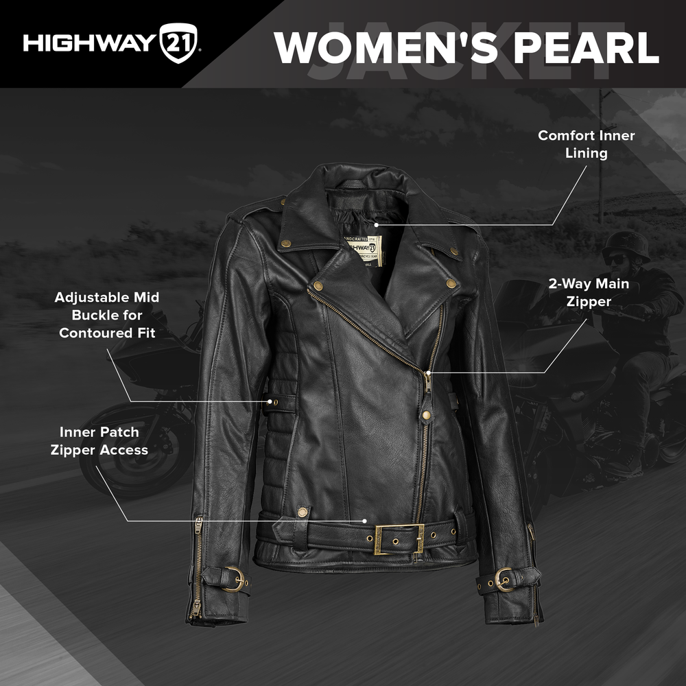 Black leather jacket with features highlighted on a dark background, featuring Highway 21 branding.