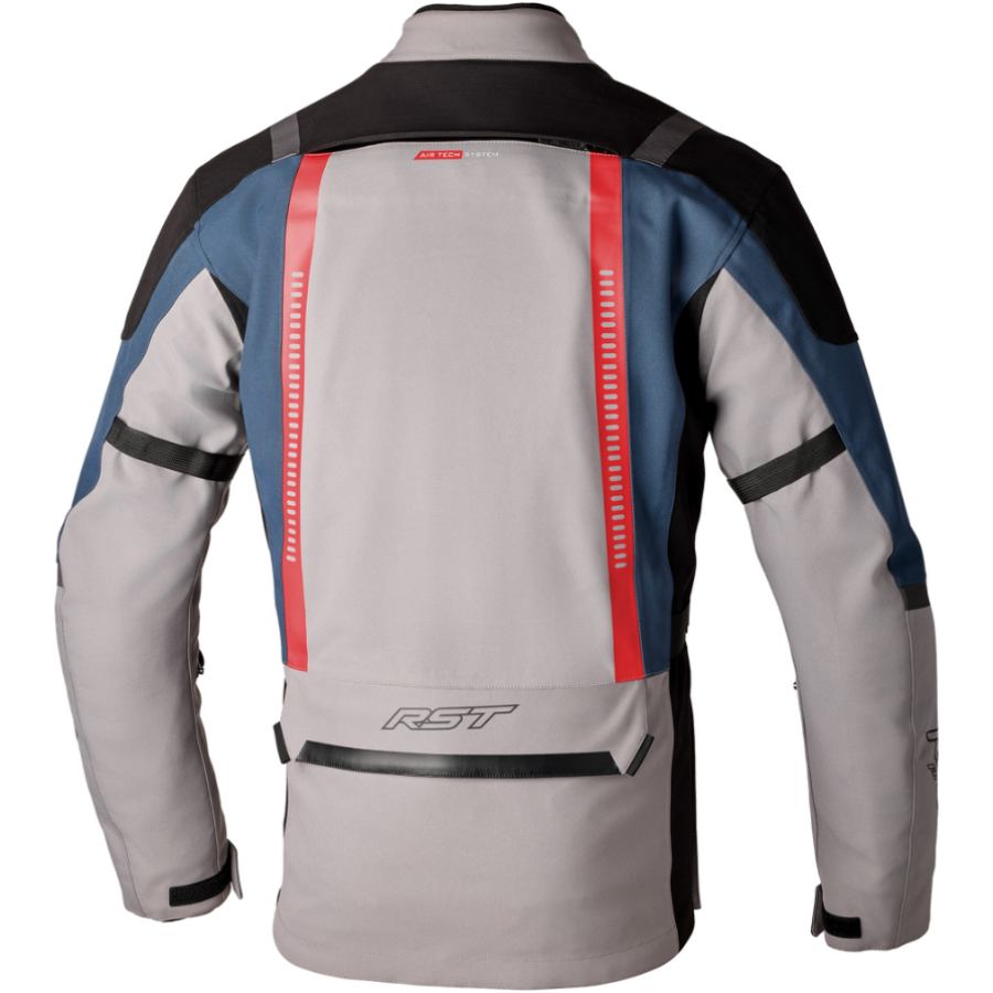 Gray motorcycle jacket with red and blue accents on a white background