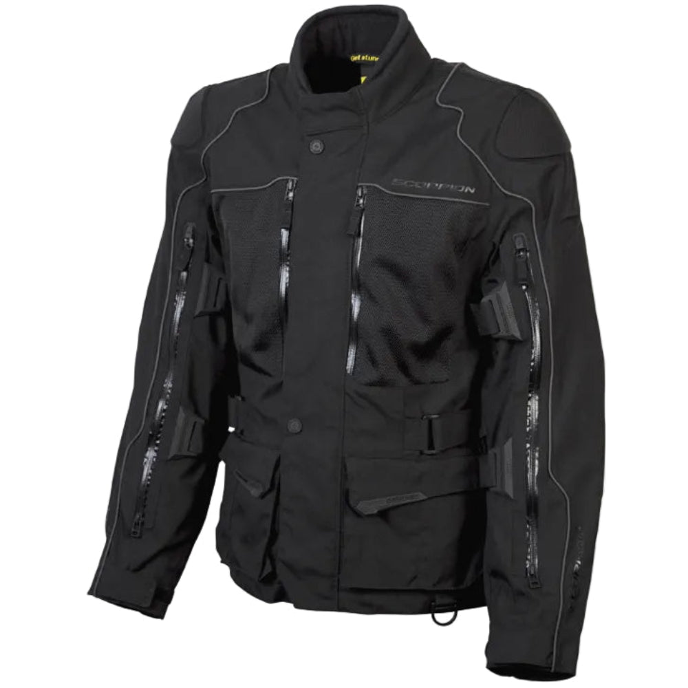 Black motorcycle jacket with Scorpion branding on a white background