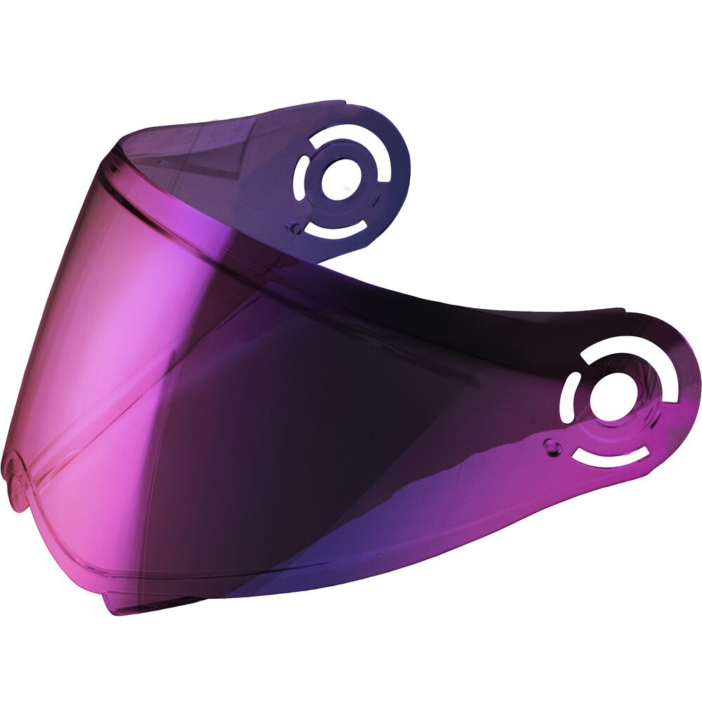 Purple motorcycle helmet visor with brand logo on a white background