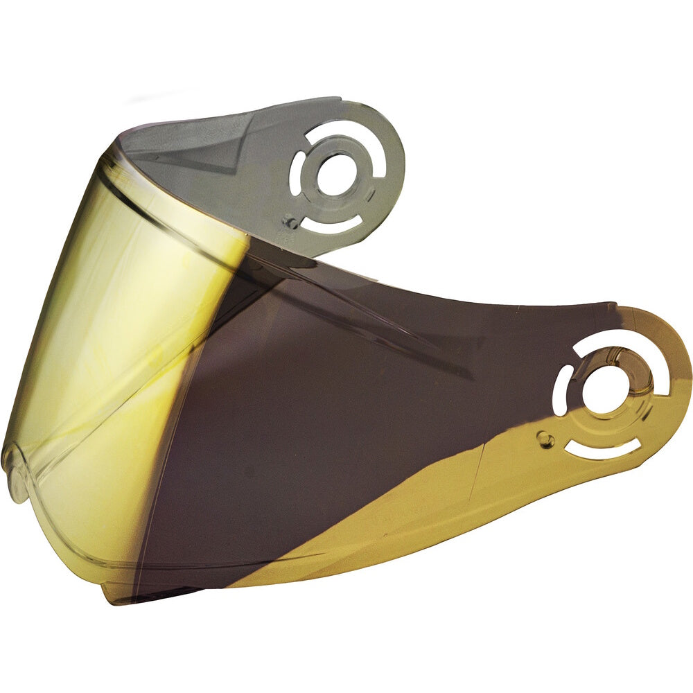Motorcycle helmet visor with yellow and black design on a white background
