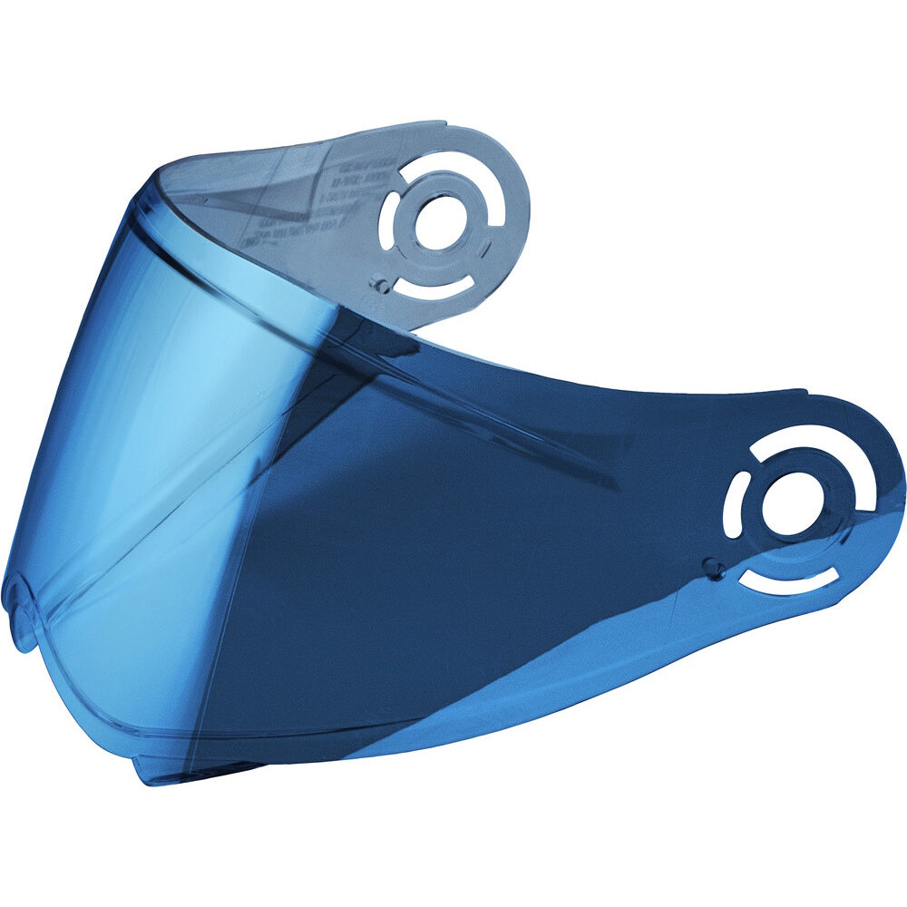 Blue motorcycle visor with brand logo on a white background