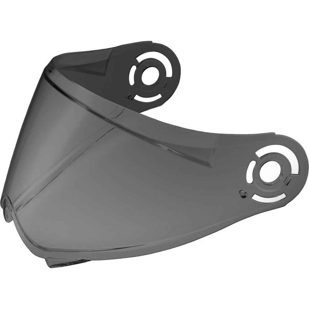 Gray motorcycle helmet visor with black strap on a white background