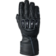 Black motorcycle glove with text on a white background