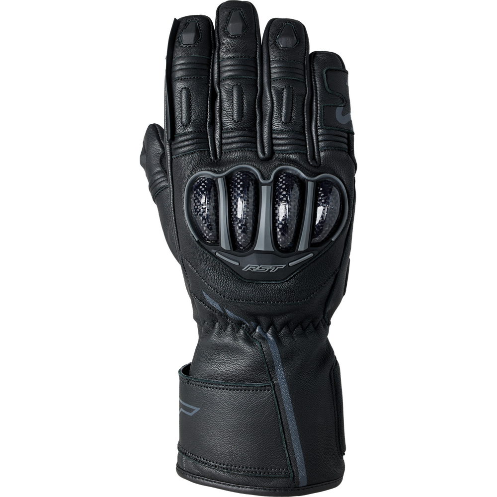 Black motorcycle glove with text on a white background