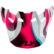 A glossy motocross or motorcycle face shield with a vibrant color-blocked design in hot pink, white, and dark magenta, featuring a light blue accent stripe and the black 'FLY' logo at the bottom.
