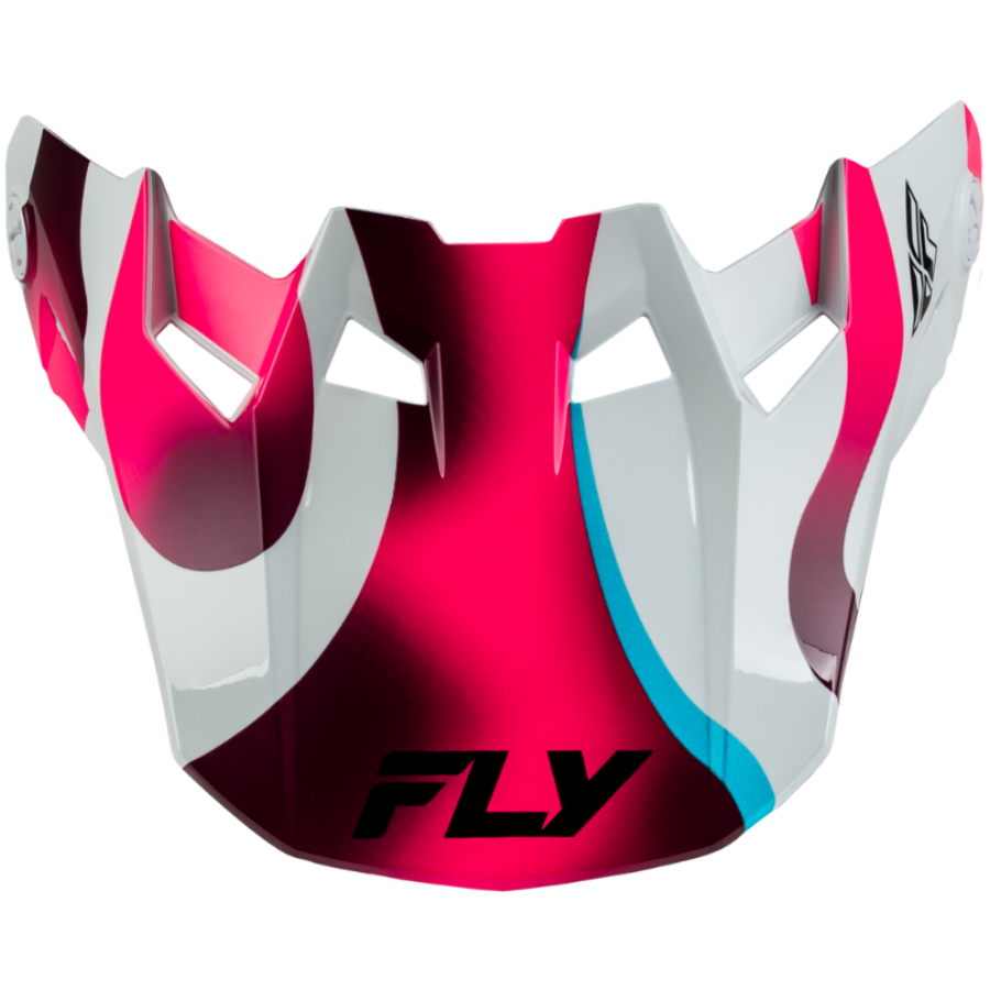 A glossy motocross or motorcycle face shield with a vibrant color-blocked design in hot pink, white, and dark magenta, featuring a light blue accent stripe and the black 'FLY' logo at the bottom.