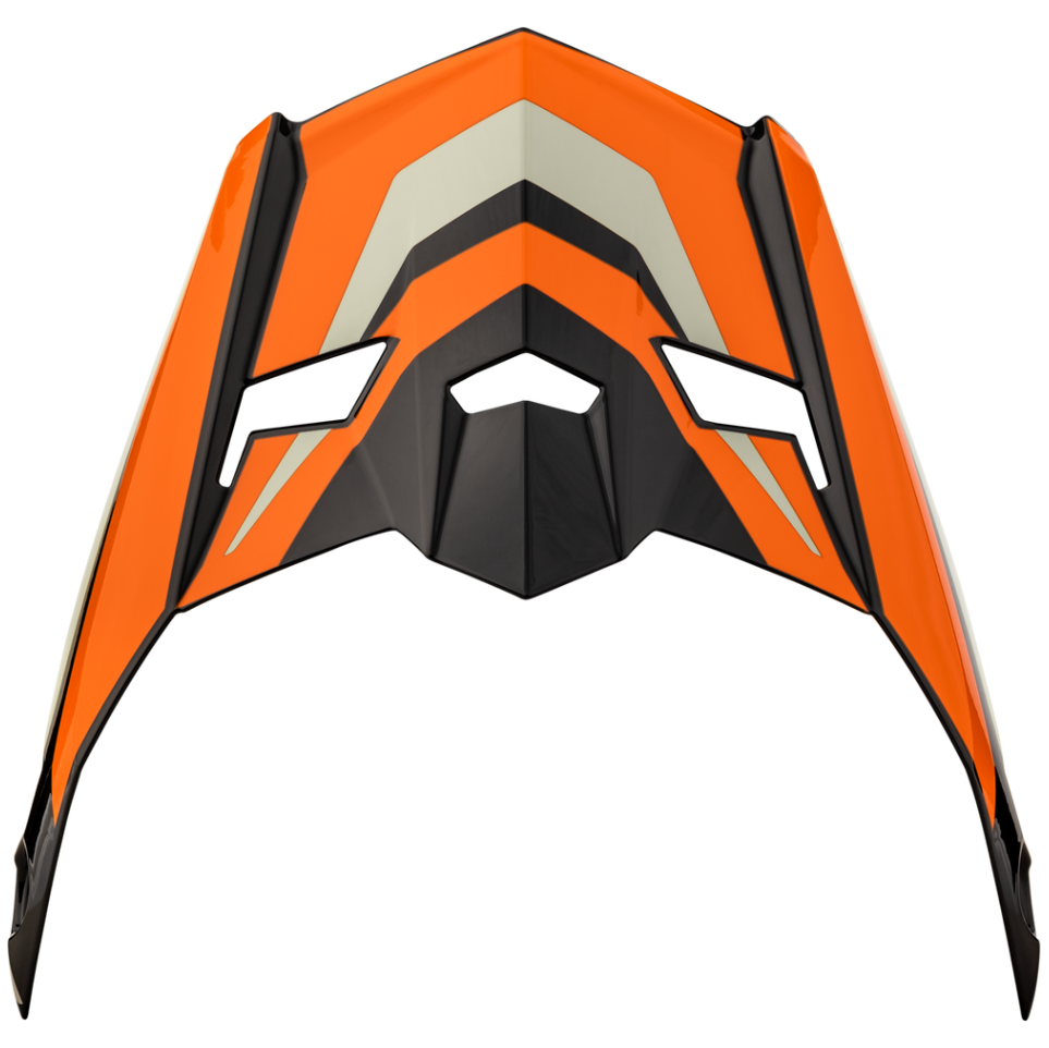 Orange, black, and white motorcycle off-road helmet peak visor on a white background