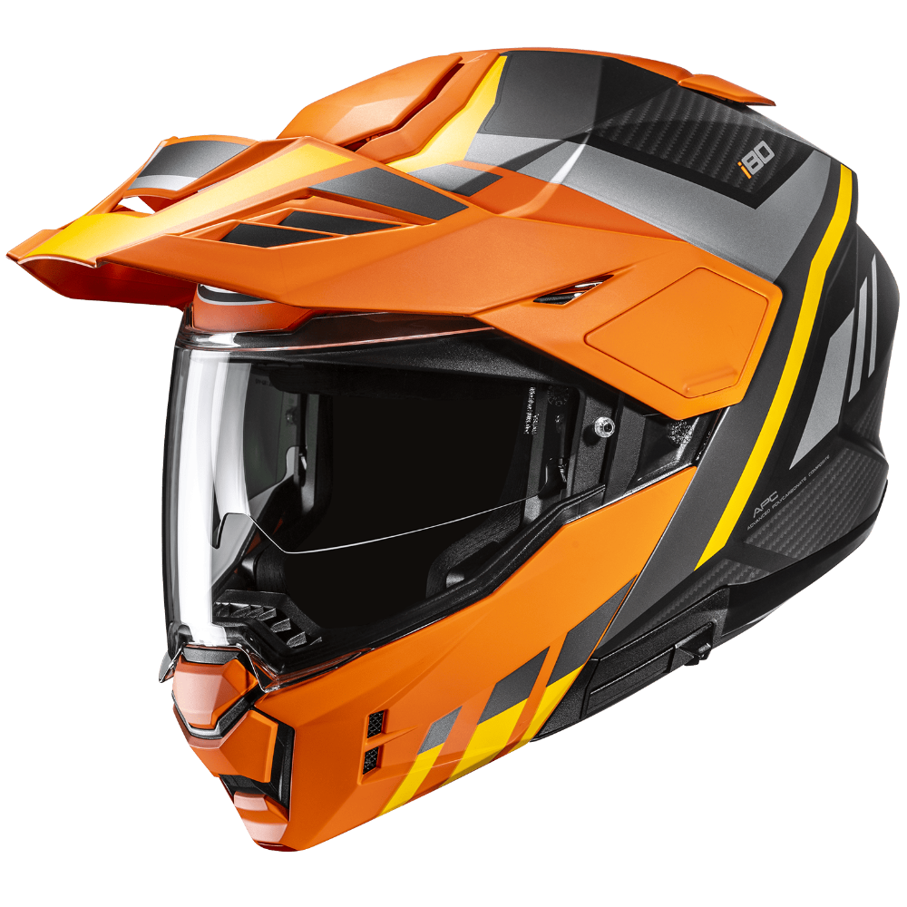 Orange and black motorcycle helmet with clear visor on a transparent background