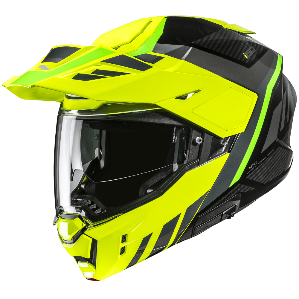Yellow and black off-road helmet with visor on a white background