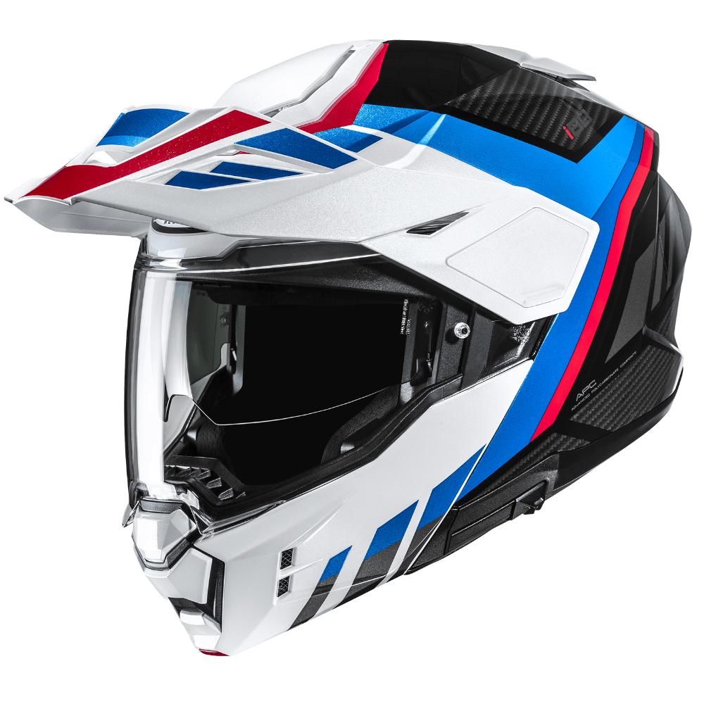 Motorcycle helmet with a white, blue, and red design on a transparent background