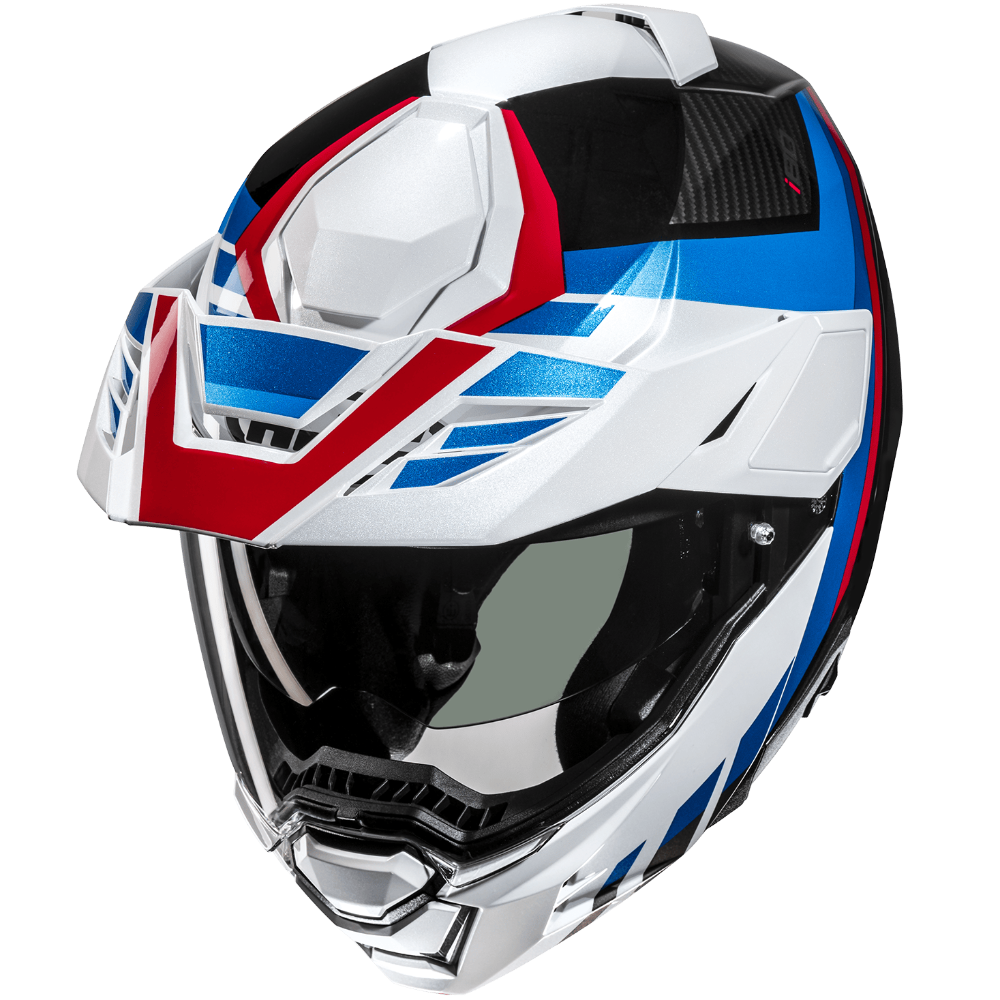 Motorcycle helmet with red, white, and blue design on a transparent background