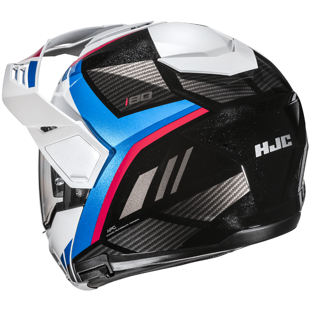 Motorcycle helmet with white, black, and blue design on a transparent background
