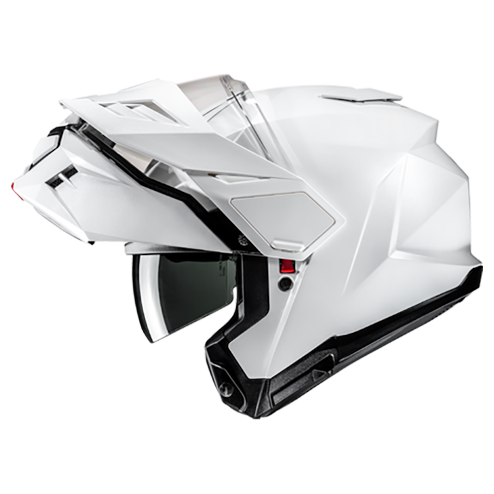 A white full-face motorcycle helmet with a transparent visor and black trim details, shown from a three-quarters angle on a white background.