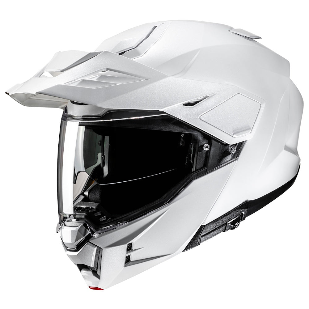A white full-face motorcycle helmet with a clear visor, shown from a three-quarters angle against a plain white background.