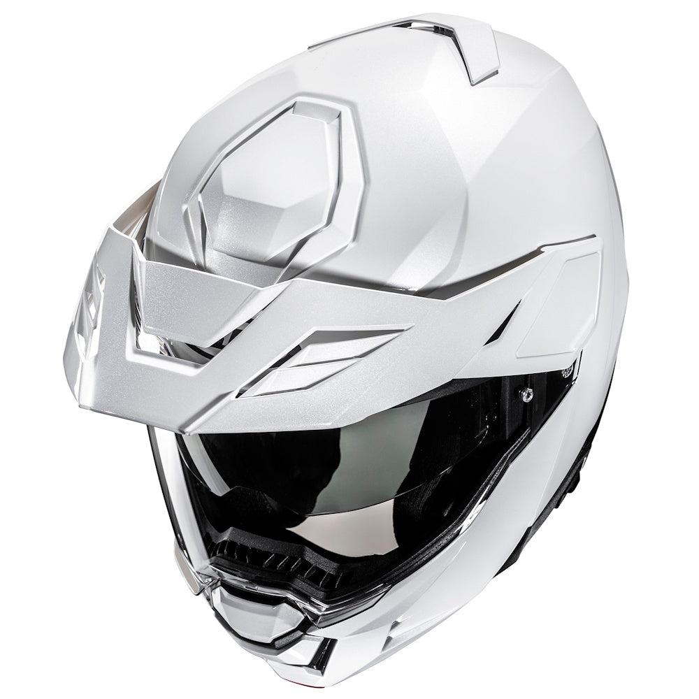 A White full-face motorcycle helmet with a dark visor, shown from a three-quarters angle on a white background.
