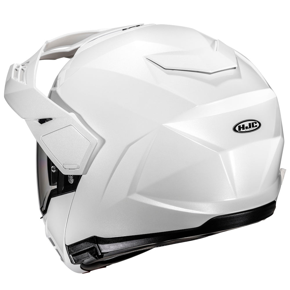 A white HJC full-face motorcycle helmet with a dark visor, shown from a three-quarters angle against a plain white background.