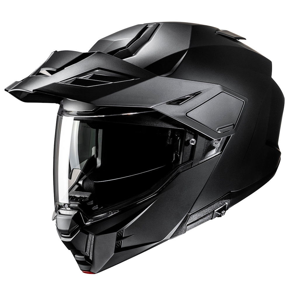 Matte Black motorcycle helmet with clear visor on a white background