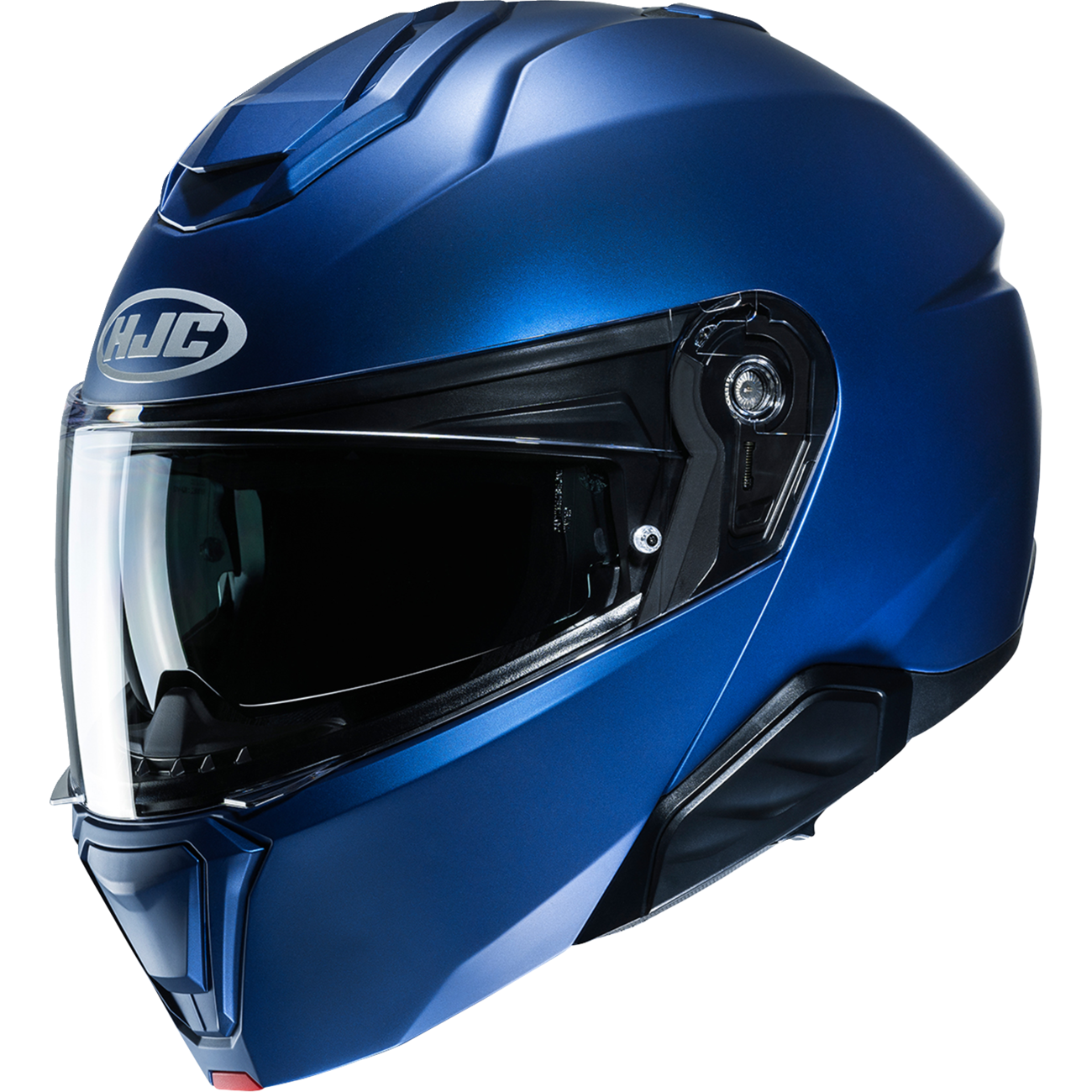 A blue full-face motorcycle helmet with a clear visor, featuring the AJC logo on the side, shown against a plain white background.