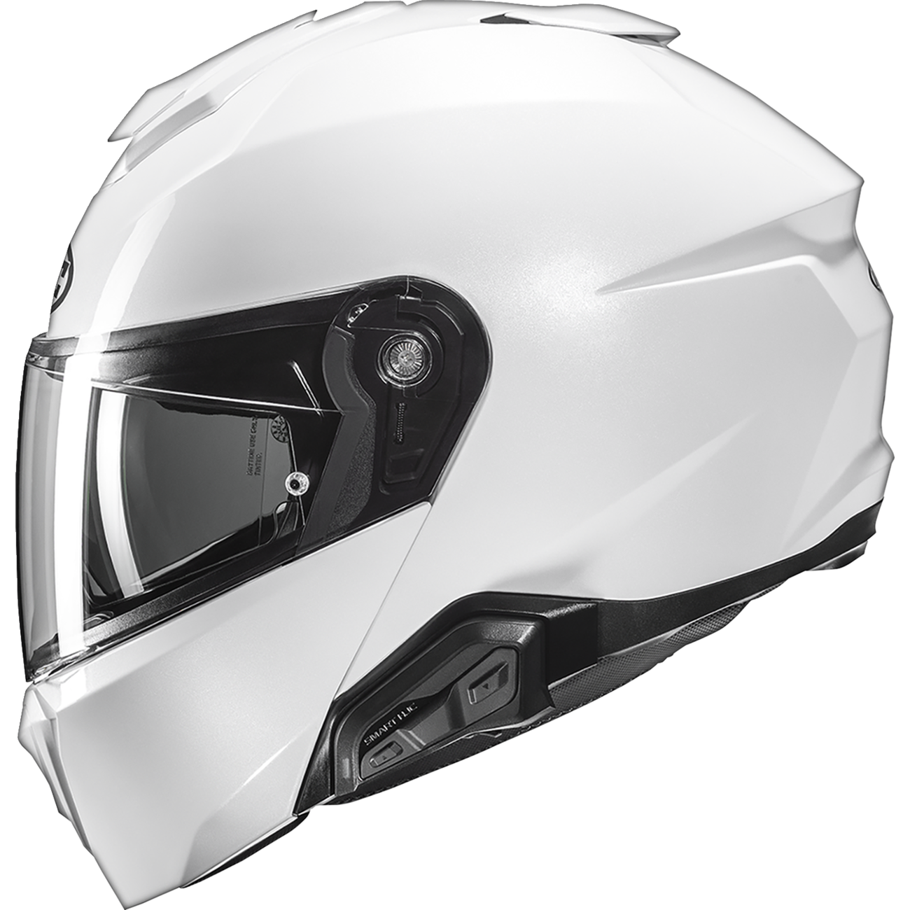 A white full-face motorcycle helmet with a dark tinted visor and black trim details, shown from a three-quarters angle on a plain white background.
