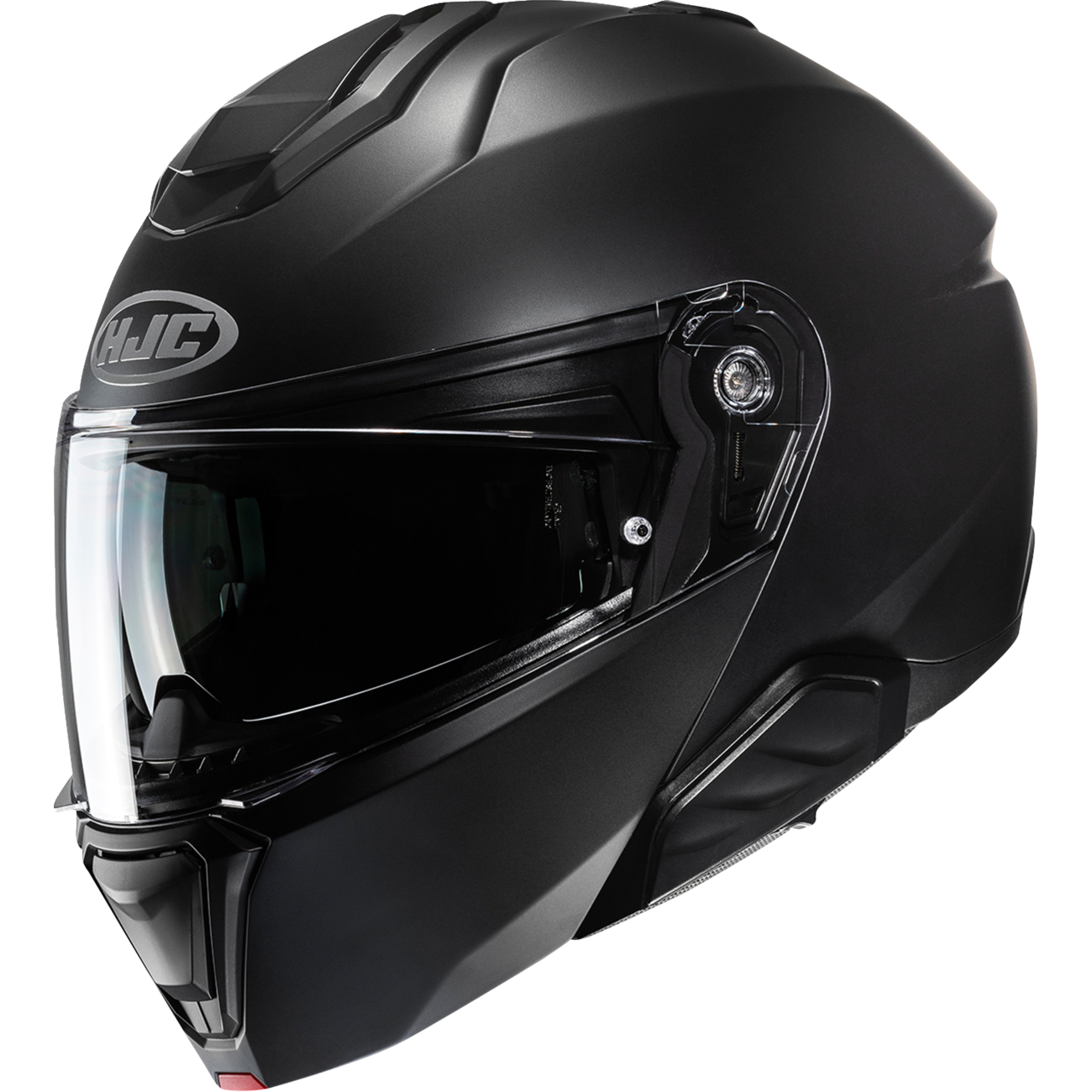 A matte black full-face motorcycle helmet with a clear visor, featuring the HJC logo on the side, shown against a plain white background.
